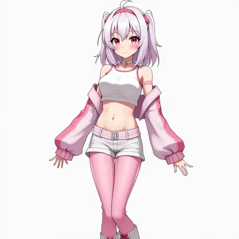  Anime boy femboy ,  white hair with pink tips , pink eyes,  white and pink choker ,  cold white blouse with striped pink sleeves showing the belly,  white shorts with pink stripe , pink thigh belt ,  white boots with pink laces ,  perforated pink pantyhos...