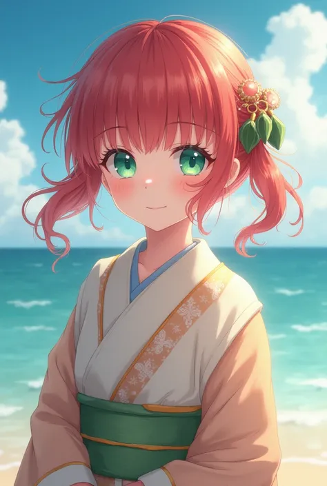 Soft red-haired, emerald eyes, shining eyes, short twintail, kimono, cute girl, very very very young girl, over eyes, Light eyes, sea, blue sky, white cloud