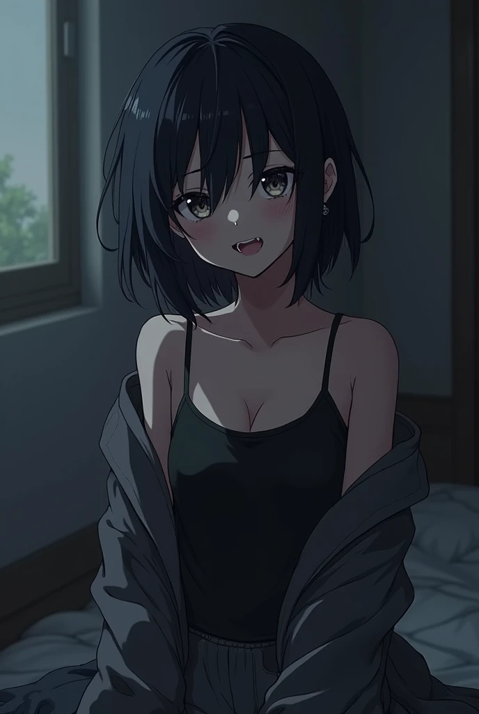 1 anime girl, tomboy, black short hair, fanged teeth, black skin, casual clothes, goth, dark circles under her eyes, in room, girlfriend 