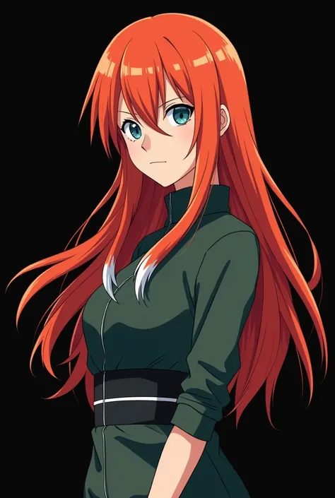  Mai Shippuden beautiful full-bodied girl long red hair fire-colored orange with two white locks highlighted on the front similar to Rogue from the X-Men light blue-green eyes beautiful girl hair flying in the wind ( FOURTEEN YEARS ) universo de Naruto est...