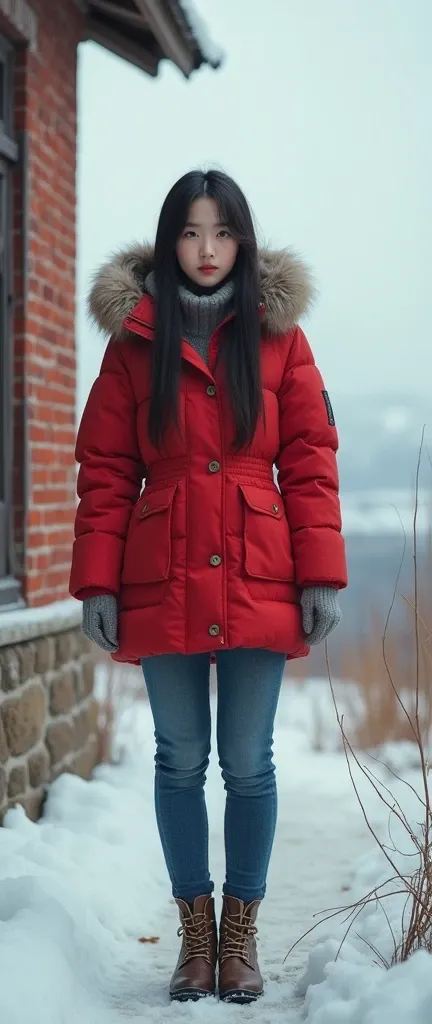 Rural Northeast China ， red brick house wall ，Vast snow，Stand， Northern Chinese Girl in Red，Red down jacket， skinny jeans ， small leather boots, fur length ， beautiful and slender figure ，White skin tone ， sweet expression ，Straight Hair， high-definition t...