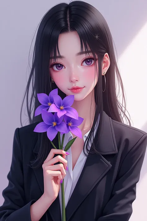 Create an image of Mia, a 23-year-old female idol, with long dark hair, holding a purple Freesia flower. She exudes confidence and elegance, dressed in a modern and sophisticated outfit that reflects her calm and leader-like personality. Her expression is ...