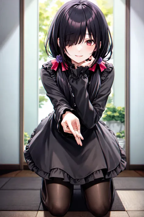 1girl, solo, kneeling, seiza, cckurumi, long hair, low twintails, hair flower, hair over one eye, hair bow, gothic, black dress, ribbon, pantyhose, slippers, sitting, smile, looking at viewer, leaning forward, indoors, living room, television, window, plan...