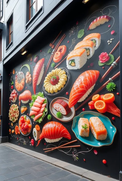  Create surrealistic art with the sushi theme ( food 
Japanese )...  This art will be a painting  ( urban art)  painted on a wall of a Japanese food restaurant!   I want art that reminds of Japan ,  that is nothing to animate ,  rather than demonstrates wi...