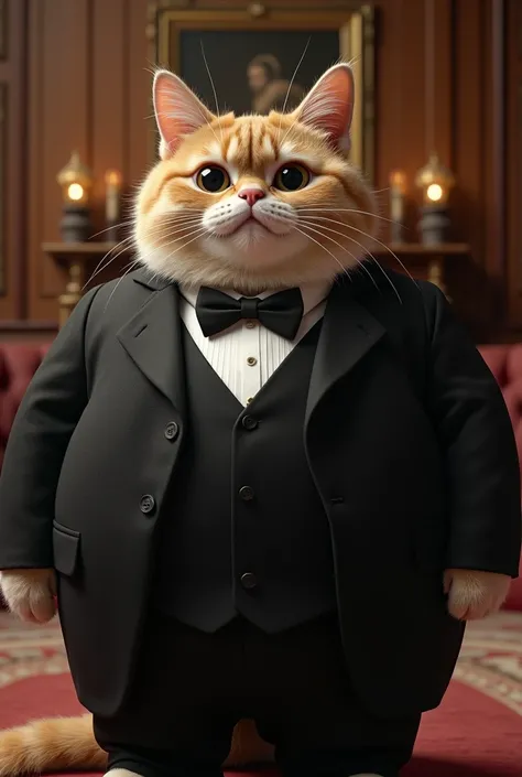 Chubby cat in elegant black suit