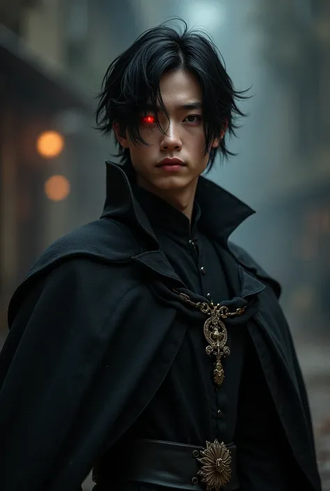 a powerful magician,  full body, man, 20 years, Infinite power,  beautiful feminine features , fine features,  straight black hair aesthetic hairstyle , black tunic, Ojos rojos, with wizard clothes ,  realistic style ,  maximum quality and details , dark f...