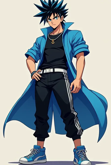 In the style of JoJos Bizarre Adventure: a young Japanese man with spiky black hair with blue tips and a serious look on his face,  blue sneakers wearing a black short-sleeved shirt over a blue long-sleeved one, black Adidas pants and 