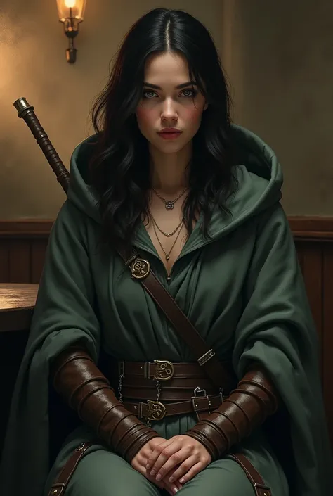 Aragorn from Lord of the Rings as a woman, wearing a greyish-green hooded cloak made of wool, leather cuffs on her sleeves representing where she comes from; Gondor. The Ring of Barahir on her index finger, sword belt around her waist, soft light weighted ...