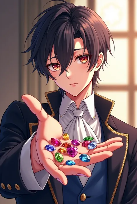 An anime picture of an aristocrat young man who looks like the main character in a cool girls manga holding jewels of various colors in one hand and holding them out
