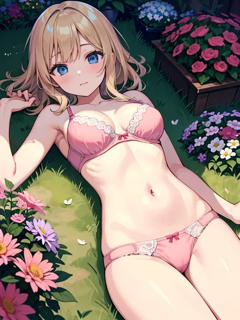   Masterpiece  ,  top quality,  very detailed, 16k,  super high resolution、One  girl,  detailed face 、Perfect means,  blue eyes,  blonde alone,  woven ,  pink panties , Pink Bra, garden, flower bed, glass,  lies on her back ,  lie down 