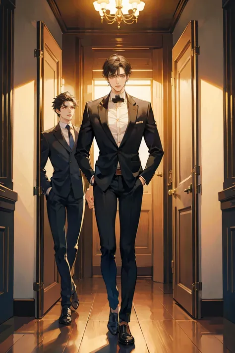 ( masterpieces ),  spikes,  seductive eyes ,  perfect faces, Beautiful Man ,  brown eyes,  long black hair, smooth back of head, Long nose, Tanned brown skin, Business suit,  participate, extremely  Tall Men , Taller than the door , Long legs, Long calves,...