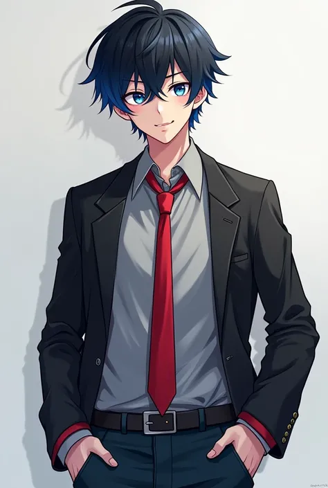 25-year-old anime boy with black hair and blue locks and blue eyes and gray shirt and black jacket and jeans and red tie 