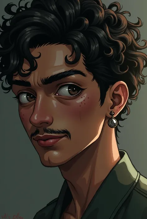  A male character has only a face , paranormal order style, He has dark skin , He has a scar above his chin ,  a small moustache with curly American-style hair and a cross earring on the right ear, and is always wearing white dress .