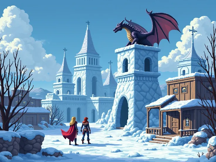 ((pixel art)) in the style of a Sierra point-and-click adventure game, a kingdom made entire of ice styled after a ghost town in the Wild West mixed with medieval castles, the frosty ice dragon watches from atop her tower, two well-endowed snowwomen (thin ...