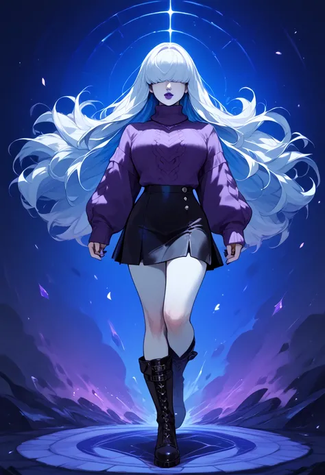 Anime girl  ,Strong blue long hair that covers up eyes, white skin , purple gothic sweater and short black skirt ,black boots .