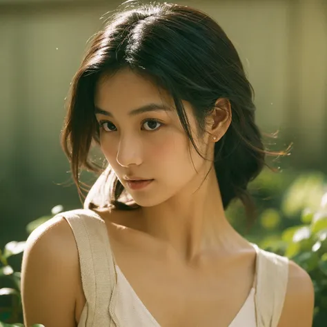 A hyper-realistic image of a single Japanese woman in her early 20s, captured with the nostalgic warmth and subtle graininess of a film camera. Her skin has a warm beige tone with a natural, slightly rough texture that includes visible pores, fine lines, a...