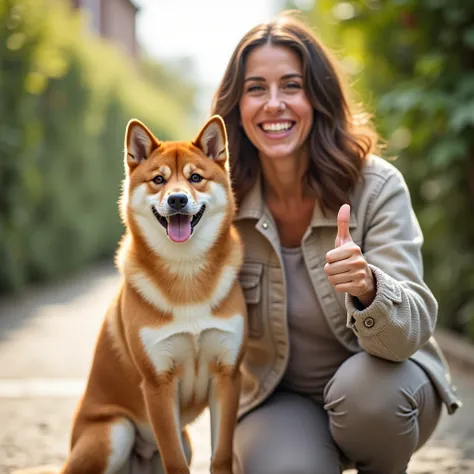 A photo of a Shiba Inu and its owner, with the owner giving a thumbs up