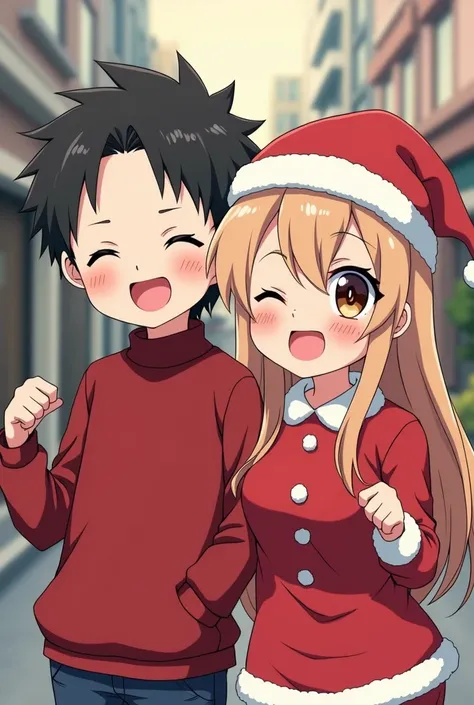  generates an image where two people appear ,  a boy and a girl , They are brothers,  the boy has short hair ,  the girl with long hair and medium bust size, both wear Christmas clothes , The pose is cheerful and crazy , Looking forward, in anime style