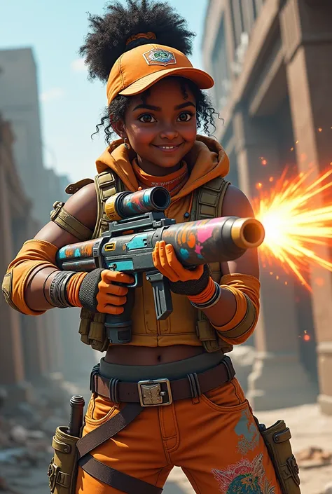 "Raze is a vibrant young woman from Bahia, Brazil, with dark brown skin, a big smile, and her curly hair tied up under her signature orange cap. Her outfit is colorful and practical, featuring a spray-painted vest and cargo pants covered with graffiti-like...