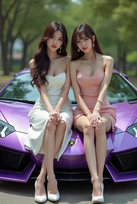  high quality images of Korean women with long dark hair and beautiful temple bangs ,  looking elegant and attractive ,  wearing a sexy dark purple dress ,  wearing jewelry accessories ,  earrings for a woman alone,  sitting outside the park , Legs in a se...