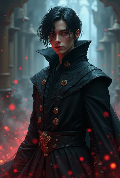 a powerful magician, man  full body, man, 20 years, similar a Itachi, Infinite power,  beautiful feminine features , fine features,  straight black hair aesthetic hairstyle , black tunic, Ojos rojos, with wizard clothes ,  realistic style ,  maximum qualit...