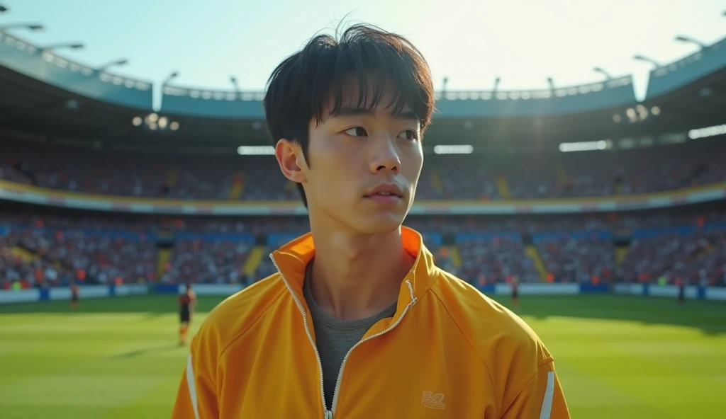  Japanese, 23-26, Handsome man,  fair skin, black eyes（thin eyes 1：3), (Super detailed, best quality, 4K, High resolution, masterpiece:1.3)  , U.K., outside football field, Fans watch football matches