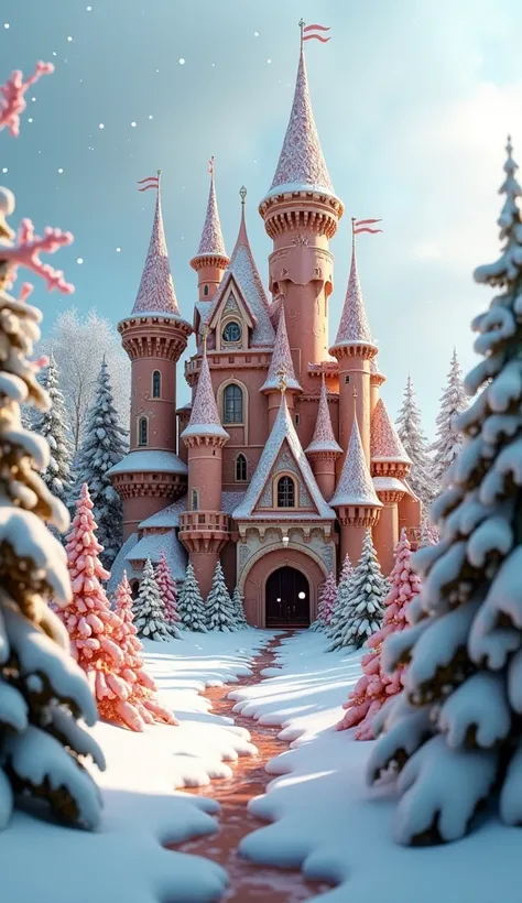 Castle and garden made of ice cream and chocolate，realistic，detailed，Heavy snow 