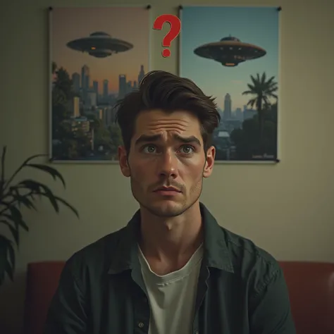  real person in doubt with a question icon on his head , And in the background a poster stuck on the wall real UFO  