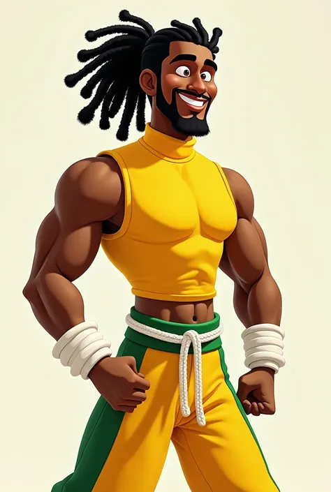 a black man with dreadlocks tied in a ponytail wearing a sleeveless yellow and green turtleneck mini-shirt with white wristbands, yellow capoeira pants with green panels on the left and right sides, and a white rope belt in pixar style 