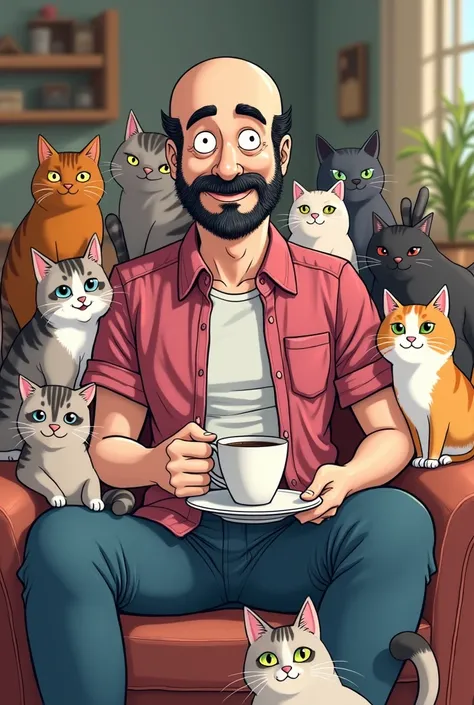  Cartoon of a bald Italian man with white skin , face without mustaches , Bearded Face , black bushy eyebrows, drinking coffee,  surrounded by many cats .  He wears a short sleeve pink flannel and blue pants. Cartoon image 