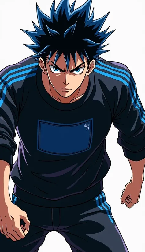 In the style of JoJos Bizarre Adventure: a young Japanese man with spiky black hair with blue tips and a serious look on his face, wearing a black sweatshirt with blue details, black Adidas pants and , the image shows him full body