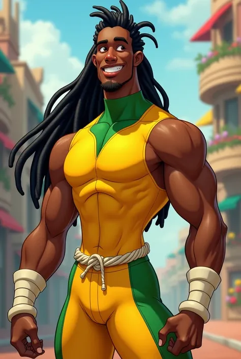 a black man with dreadlocks tied in a ponytail wearing a sleeveless yellow and green turtleneck mini-shirt with white wristbands, yellow capoeira pants with green panels on the left and right sides, and a white rope belt in disney style 