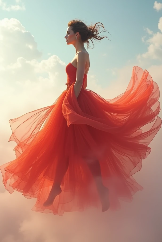 A women is wearing a layers prom dress, flying in the wind, side view