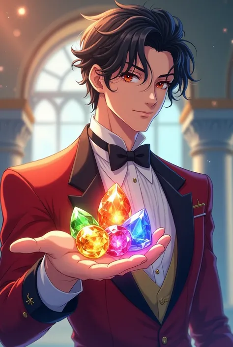  God where a young man from an aristocrat who looks like the main character in a cool shoujo manga holds jewels of various colors in one hand and offers them々Shiny anime picture 
