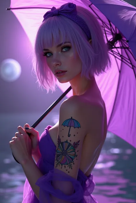 A very sexy girl with blue eyes with a tattoo on her arms that says Venus with an umbrella in her hand in dark purple with short lilac hair with a headband in a bright purple dress in a bright purple dress. With a background of planet Venus 