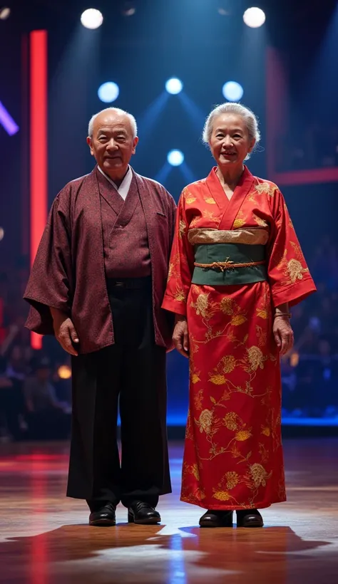 full-length portrait at the center of the stage of a TV show remains Americas Got Talent, an elderly Japanese couple ,  an elderly man and an elderly woman dressed in traditional Japanese clothing standing side by side with expressions of shame, dramatic l...