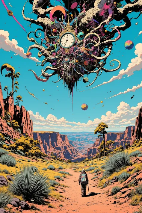 Drawing of a lone marauder traveler in Grand Canyon National Park、canyon、Hallucinatory Art  、  dmt Death of Ego  、 Psychedelic Horror Blue Sky 、 Highly Detailed Fantastic Art  、  DMT Egodes  、 Shamanic Fear  、LSD art、clock、collage、 Bighorn Sheep 、Elk 、Cond...