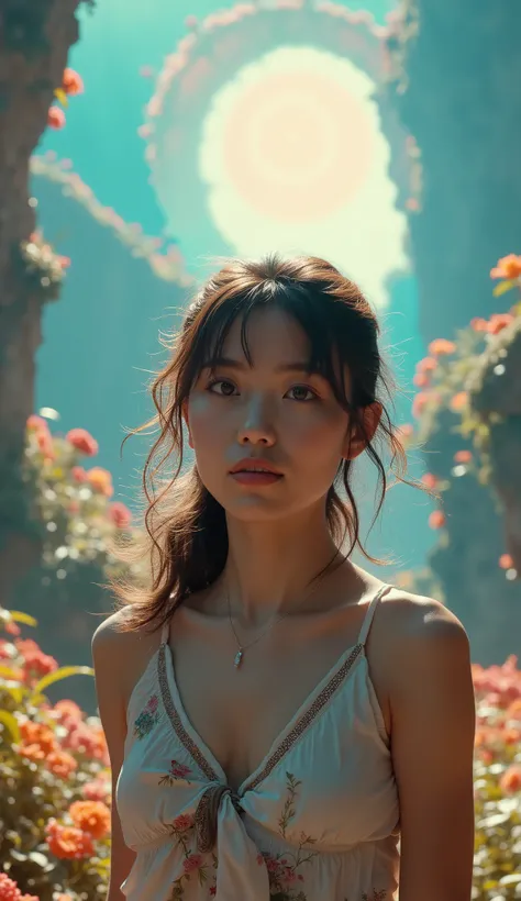 A  girl in a fantasy world, traveling to a different dimension, beautiful detailed eyes, beautiful detailed lips, extremely detailed eyes and face, long eyelashes, elegant dress, walking through a surreal landscape, glowing portal, ethereal light, vibrant ...