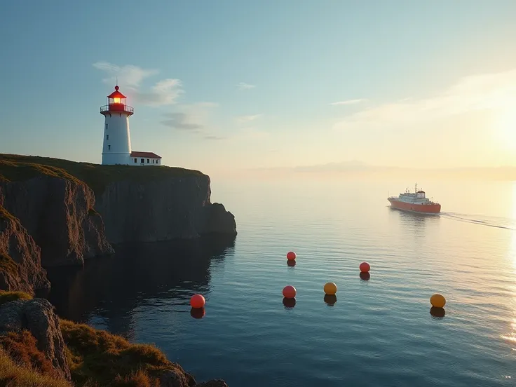 " A white and red lighthouse located on a cliff next to the sea ,  projecting their light towards two buoys in the water .  The buoys are aligned with a small ship that is further away ,  forming a triangle in an imaginary circle that represents the sea.  ...