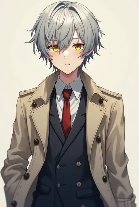  A young man with gray hair and yellow eyes ,  wears somewhat formal clothes together with a trench coat that hangs over his shoulders and back, without wearing it ,  a slightly stylized look like a modern sorcerer, anime style and clothing colors light 