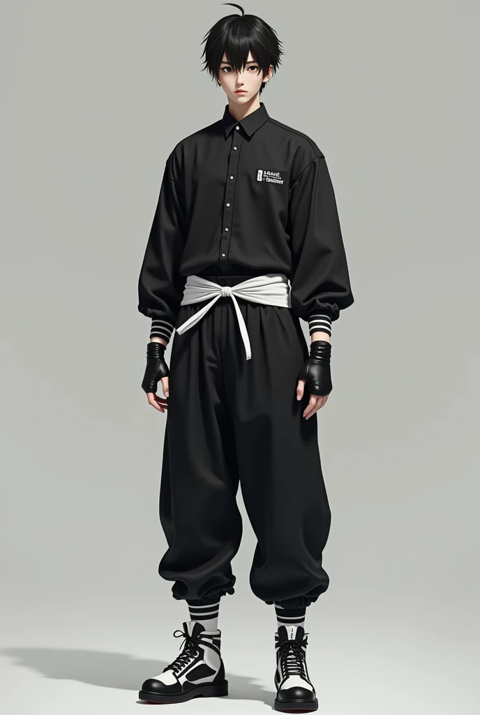  Japanese black uniform,  with white boot sneakers, a white belt, black button down shirt and black samurai pants, with ankle bands  