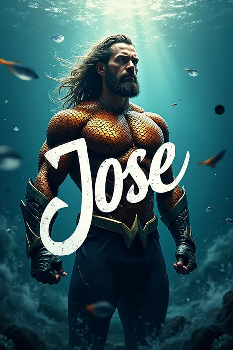 Jose , in cursive with the background of the Aquaman comic movie character in striking tones