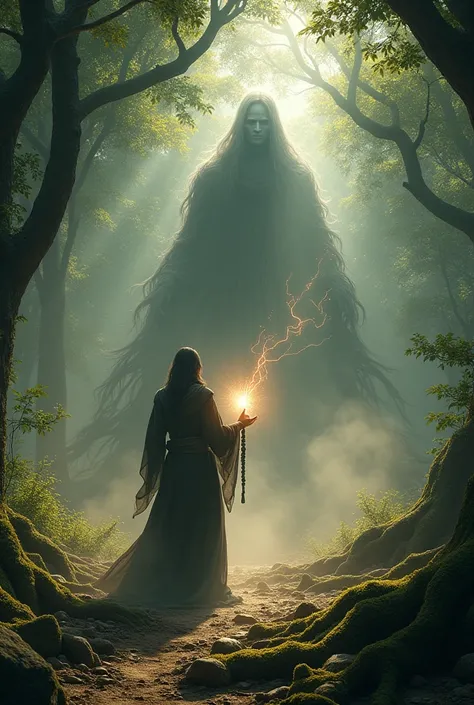 The forest clearing.

Prompt: "Create a scene where the Tantrik’s ghost unleashes a powerful attack on Viru, sending dark energy towards him. Viru stands firm, holding the black mala, which begins to glow brightly as he prepares to counter the attack."


