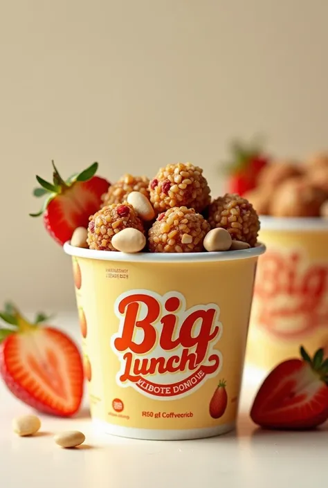 A prototype of a nutritious snack with the big lunch logo on the packaging