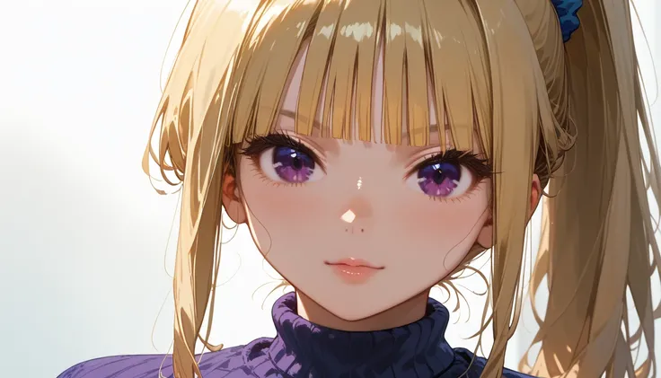 score_9,score_8_up,score_7_up, shiny skin, 1girl, KeiKaruizawa, Kei Karuizawa, bangs, blunt bangs, ponytail hair, violet eyes, blonde hair, blue scrunchie, ghotic, choker, half body, oversize sweater, cowboy shot