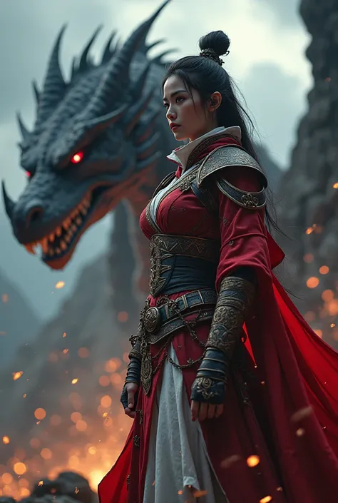 ( High quality , Ultra detailed, extremely battle action ) a woman princess warrior in red white ninja suits with her big black red dragon. Darkness mountain. Realistic. 1080p. 8k hd. Masterpiece. Dramatic effects. Fire and lighting effects. Macro shot pho...