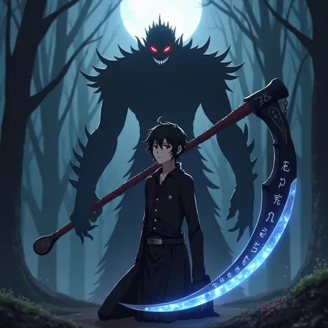 Certainly! Heres a more vivid and detailed description:

---

A striking 16-year-old male stands poised in the center of a moonlit clearing, exuding a commanding aura that belies his age. His hazel eyes, warm yet sharp, seem to pierce the veil of darkness ...