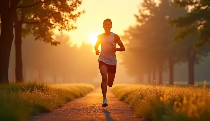 A person jogging in a serene park at sunrise, with a focused and content expression, symbolizing the release of endorphins and the physical benefits of exercise. The scene captures the flowing movement of the jogger, with trees and a peaceful landscape in ...