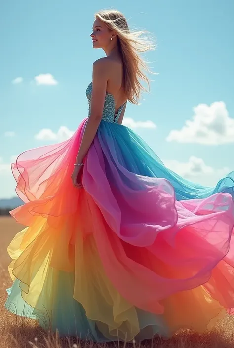 a rainbow layers prom dress, flying in the wind, side view