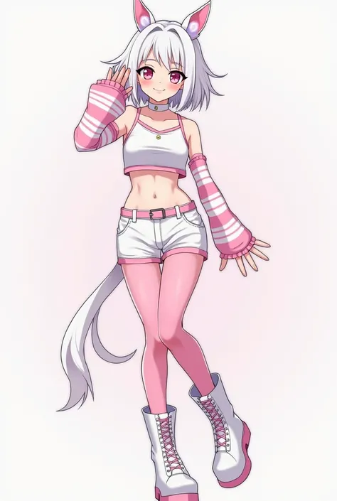  Anime boy femboy ,  white hair with pink tips , pink eyes,  white and pink choker ,  cold white blouse with striped pink sleeves showing the belly,  white shorts with pink stripe , pink thigh belt ,  white boots with pink laces ,  perforated pink pantyhos...